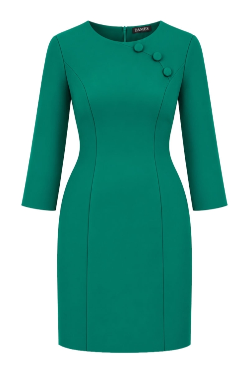 Rochie dreapta verde cu maneca lunga si nasturi decorativi