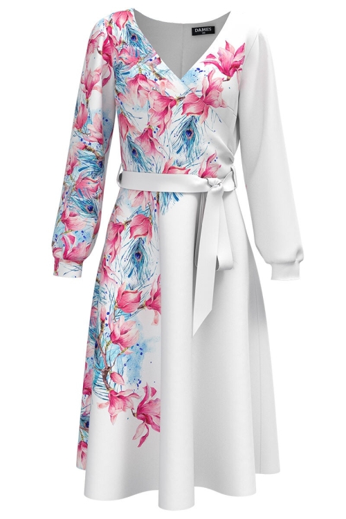 Rochie eleganta alba cu maneca lunga imprimata cu model Floral CMD2284 - Img 2