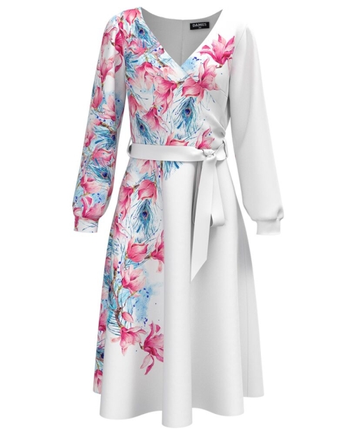 Rochie eleganta alba cu maneca lunga imprimata cu model Floral CMD2284 - Img 1