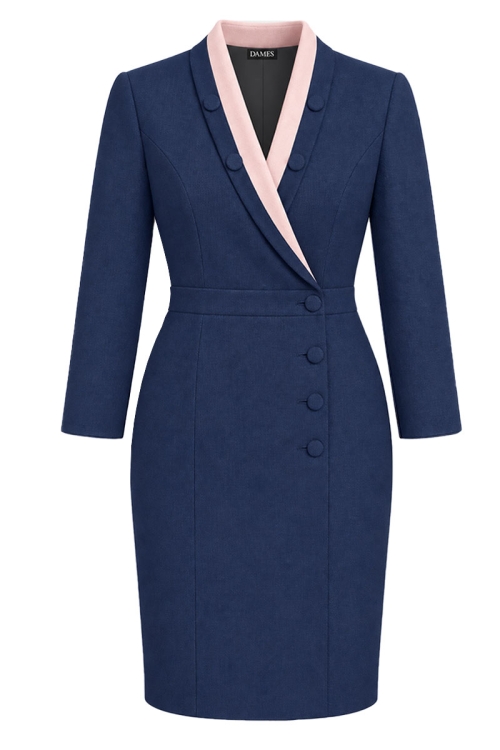 Rochie eleganta bleumarin din stofa fina Valeria cu guler sal contrastant