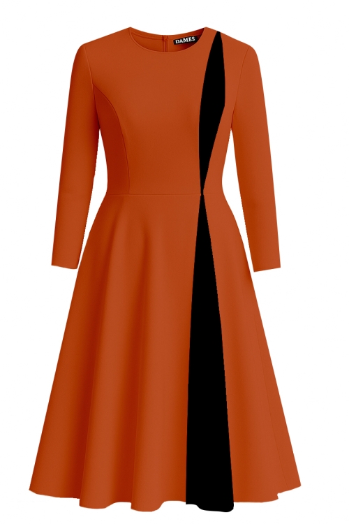 Rochie eleganta caramiziu clos cu sectiune in contrast