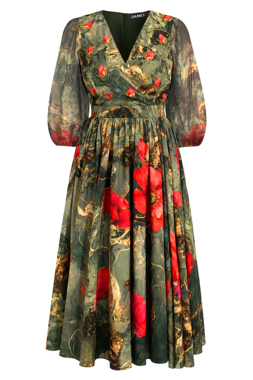 Rochie eleganta cu imprimeu floral si maneci bufante din organza