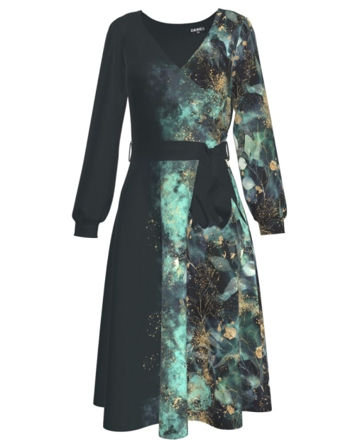 Rochie eleganta cu maneca lunga imprimata cu accente turcoaz CMD1111