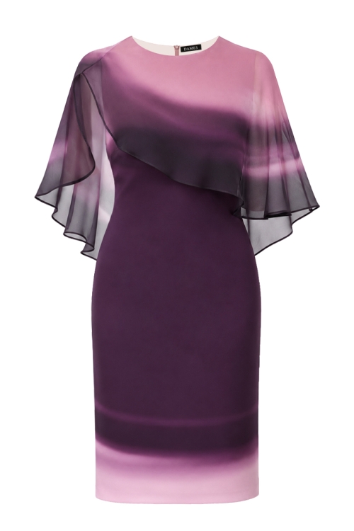 Rochie eleganta cu pelerina din organza imprimata degrade mov
