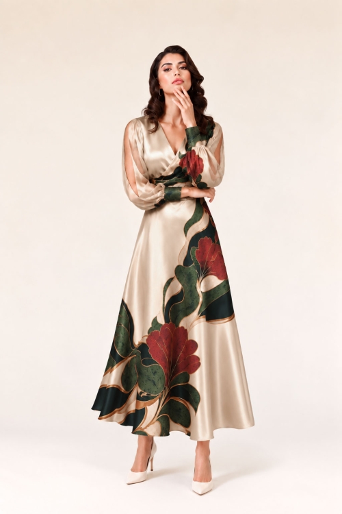 Rochie eleganta din satin lucios cu efect metalizat Taina Florilor