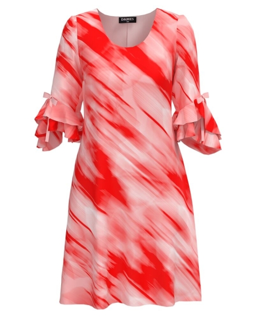 Rochie eleganta in nuante de corai si maneci trei sferturi cu volane
