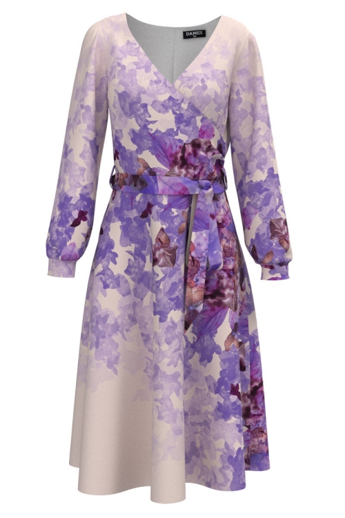 Rochie eleganta lila cu maneca lunga si imprimeu floral CMD1746 - Img 2
