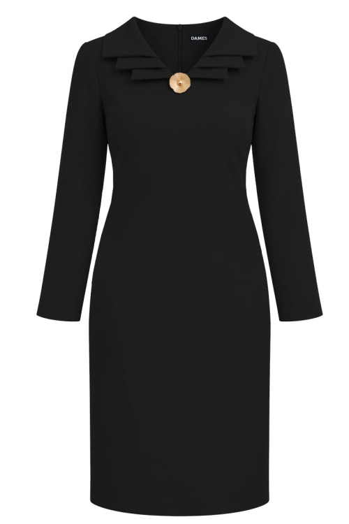Rochie eleganta neagra cu revere suprapuse si accesoriu decorativ