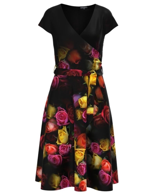 Rochie eleganta neagra de vara cu maneca scurta si imprimeu Trandafiri CMD807 - Img 1