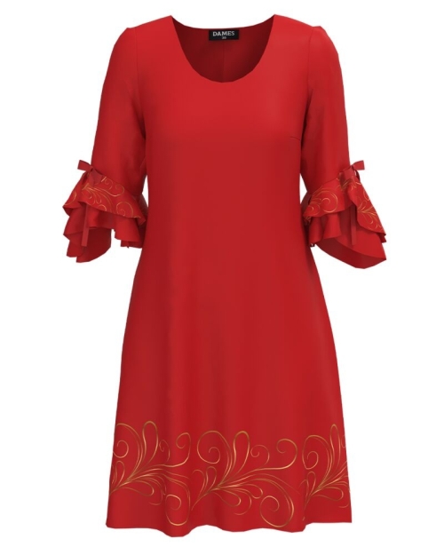 Rochie eleganta rosie cu un imprimeu floral si maneci trei sferturi cu volane