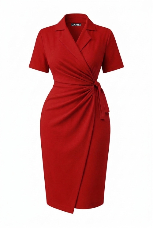 Rochie eleganta rosie parte peste parte cu maneca scurta