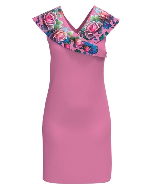 Rochie eleganta roz cu decolteu si detalii pe umeri