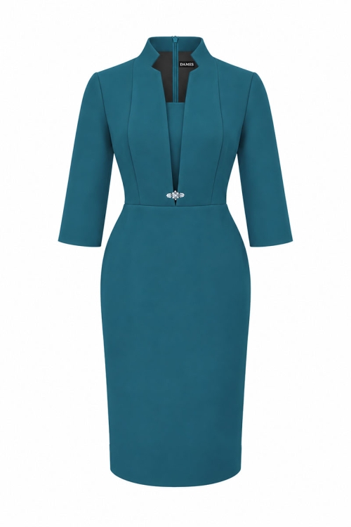 Rochie eleganta turcoaz cu rever si decolteu in V