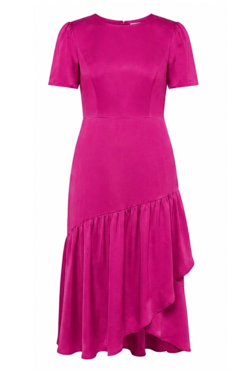 Rochie fucsia din vascoza satinata cu volane asimetrice
