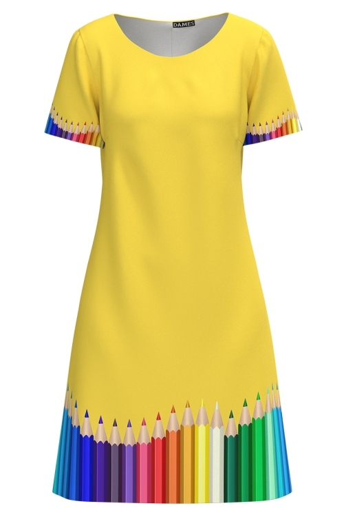 Rochie galbena casual de vara cu maneca scurta Creioane colorate