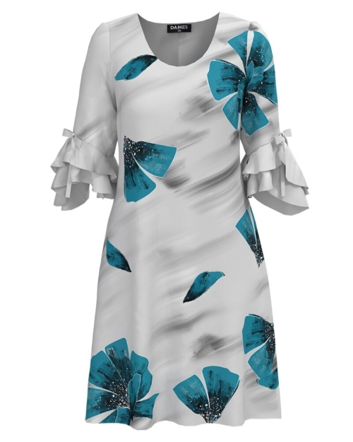 Rochie in tonuri de gri eleganta cu maneci trei sferturi cu volane
