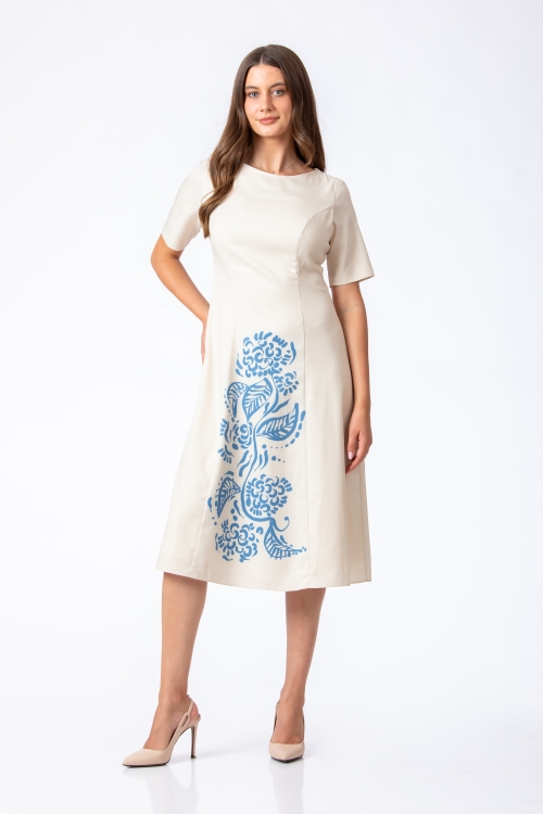 Rochie ivory eleganta in clini din crepe cu imprimeu Flori Art by Iulian COPACEL