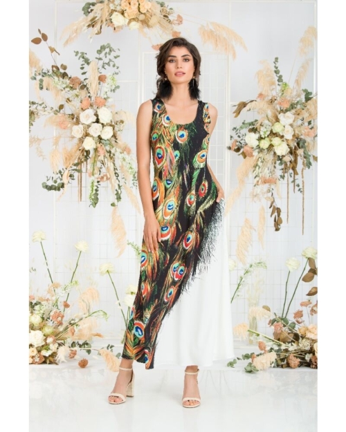Rochie lunga casual de vara cu buzunare, multicolora imprimata cu model paun CMD805 - Img 4