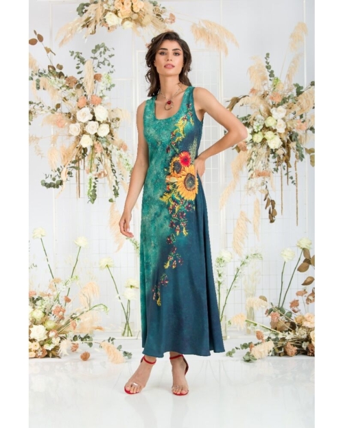 Rochie lunga casual de vara cu buzunare,verde imprimata cu model Floarea soarelui CMD802 - Img 4