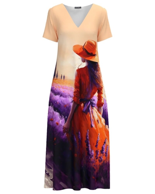 Rochie lunga de vara cu buzunare imprimata Lavanda