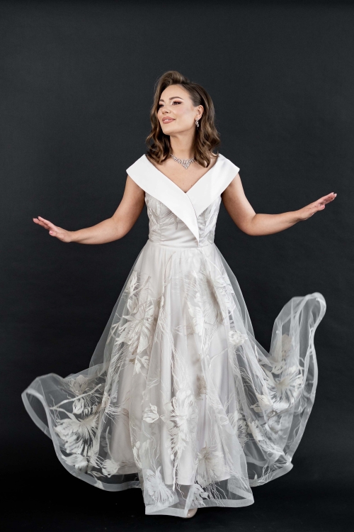 Rochie lunga din tulle brodat cu decolteu satinat CMD4242 - Img 1