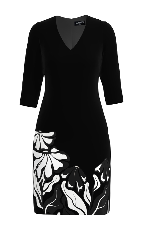 Rochie neagra casual cu decolteu in V imprimata floral in contrast