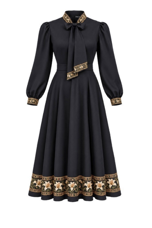 Rochie neagra cu guler esarfa si imprimeu floral ornamental