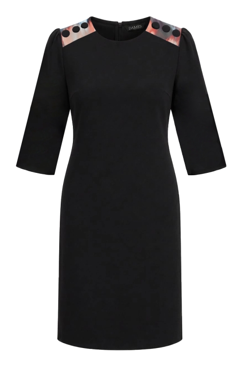 Rochie neagra cu maneca trei sferturi si detalii decorative pe umeri