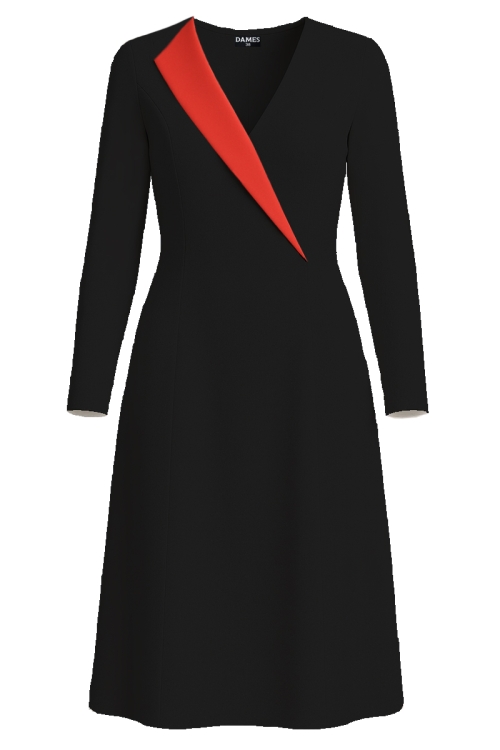 Rochie neagra cu rever asimetric in contrast