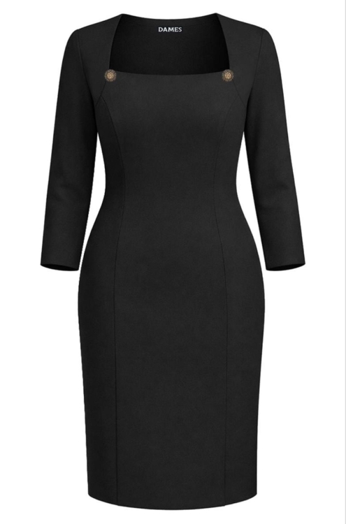 Rochie neagra dreapta cu nasturi decorativi