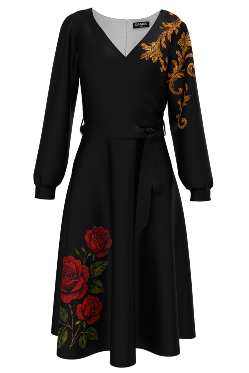 Rochie neagra eleganta cu maneca lunga imprimata Noir Rose