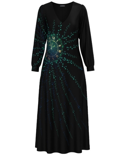 Rochie neagra eleganta cu maneca lunga imprimata Revelion