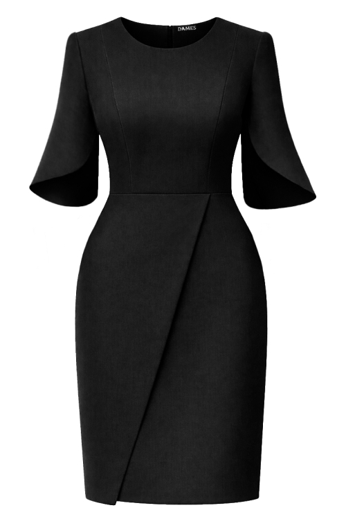 Rochie neagra eleganta cu maneci asimetrice si fusta tip lalea