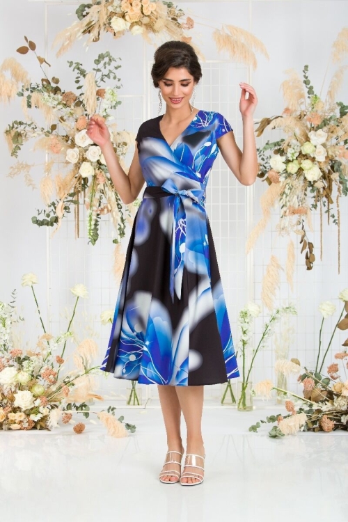 Rochie neagra eleganta de vara cu maneca scurta si imprimeu Floare albastra CMD741 - Img 2