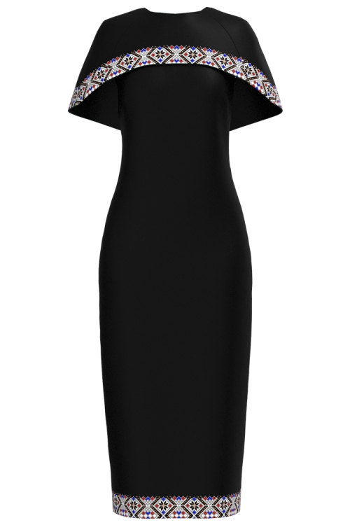 Rochie neagra lunga cu capa detasabila imprimata cu detalii traditionale