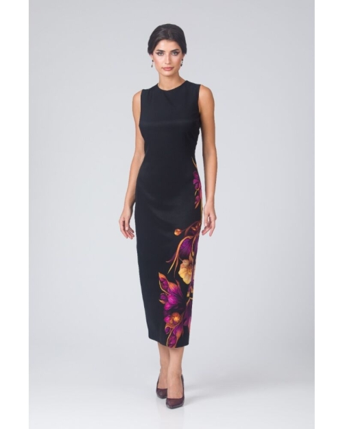 Rochie neagra lunga cu capa detasabila imprimata floral CMD4860 - Img 2
