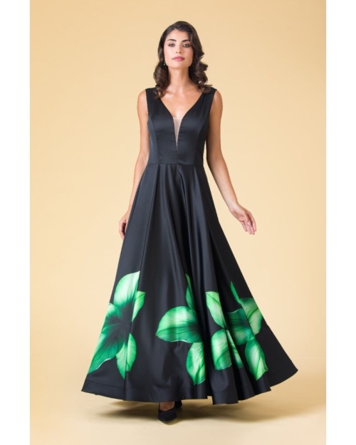 Rochie neagra lunga de seara imprimata floral AW24 - Img 1