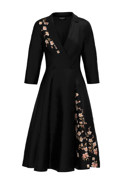 Rochie neagra tip pardesiu petrecuta cu imprimeu floral