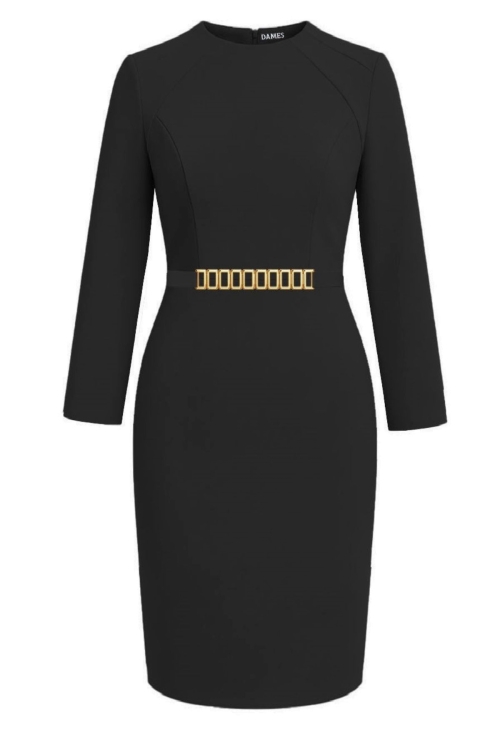 Rochie negru Tivoli cambrata cu maneca lunga si trim detasabil