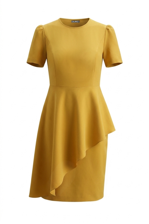 Rochie ocru eleganta cu maneca scurta si volan asimetric