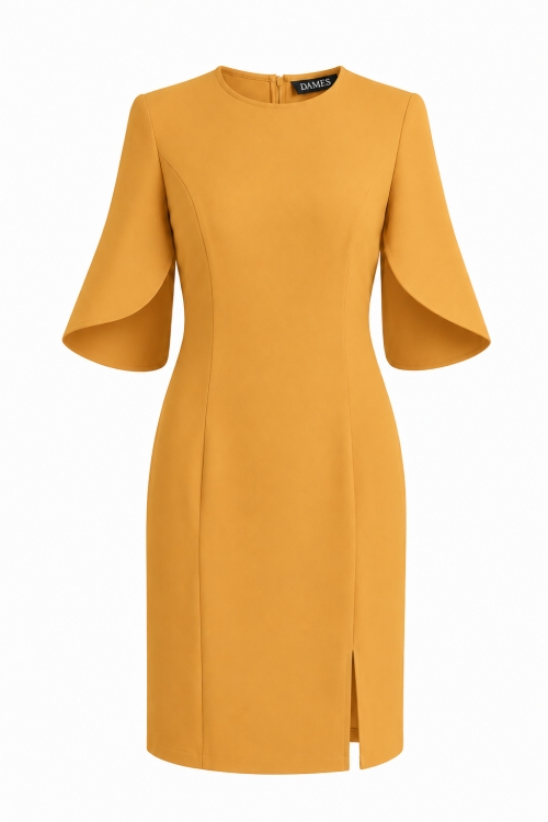Rochie ocru eleganta cu maneci asimetrice si slit pe picior