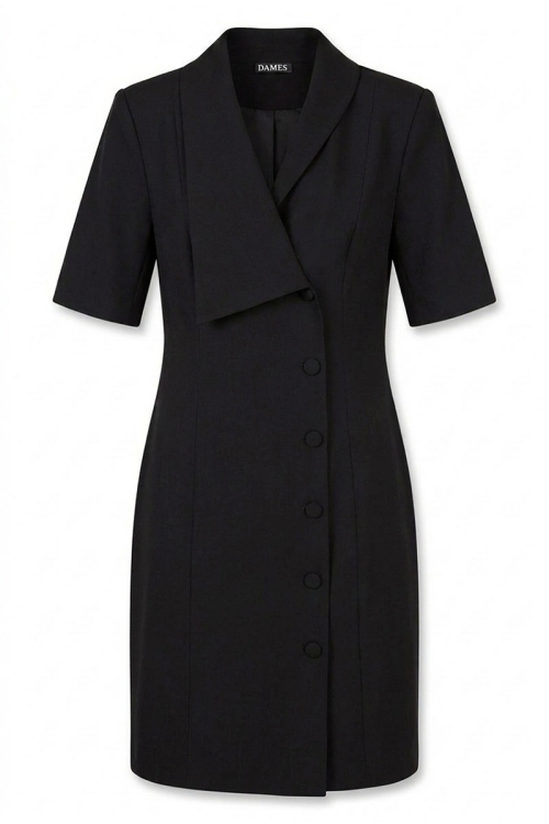 Rochie office neagra cambrata cu rever asimetric si nasturi