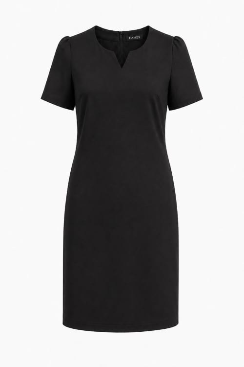 Rochie office neagra cu decolteu rotund si decupaj in V