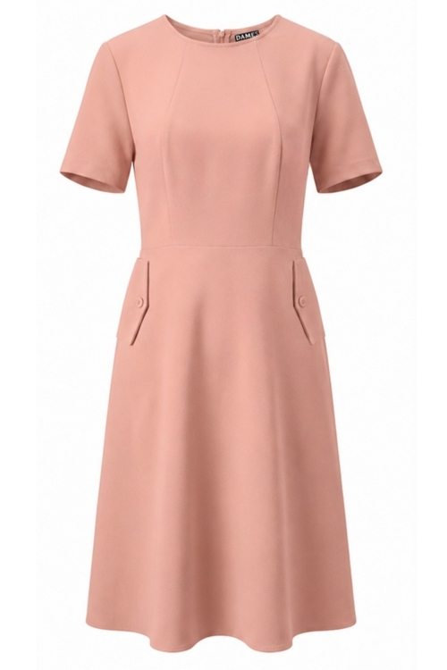 Rochie piersica cu buzunare cu clapa si decolteu rotund