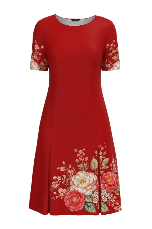 Rochie rosie cu pliuri imprimata floral