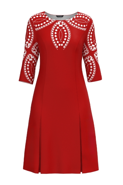 Rochie rosie cu pliuri imprimata traditional