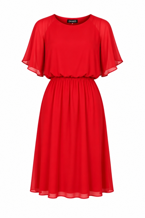 Rochie rosie din voal cu maneca scurta