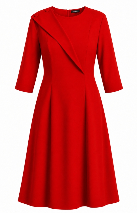 Rochie rosie in clini cu detaliu asimetric pe bust