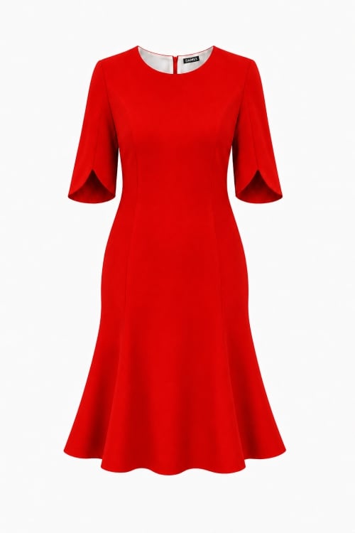 Rochie rosie in clini cu maneca asimetrica