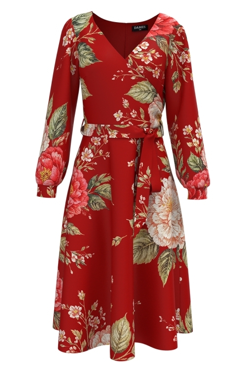 Rochie rosu corai eleganta cu maneca lunga imprimata floral
